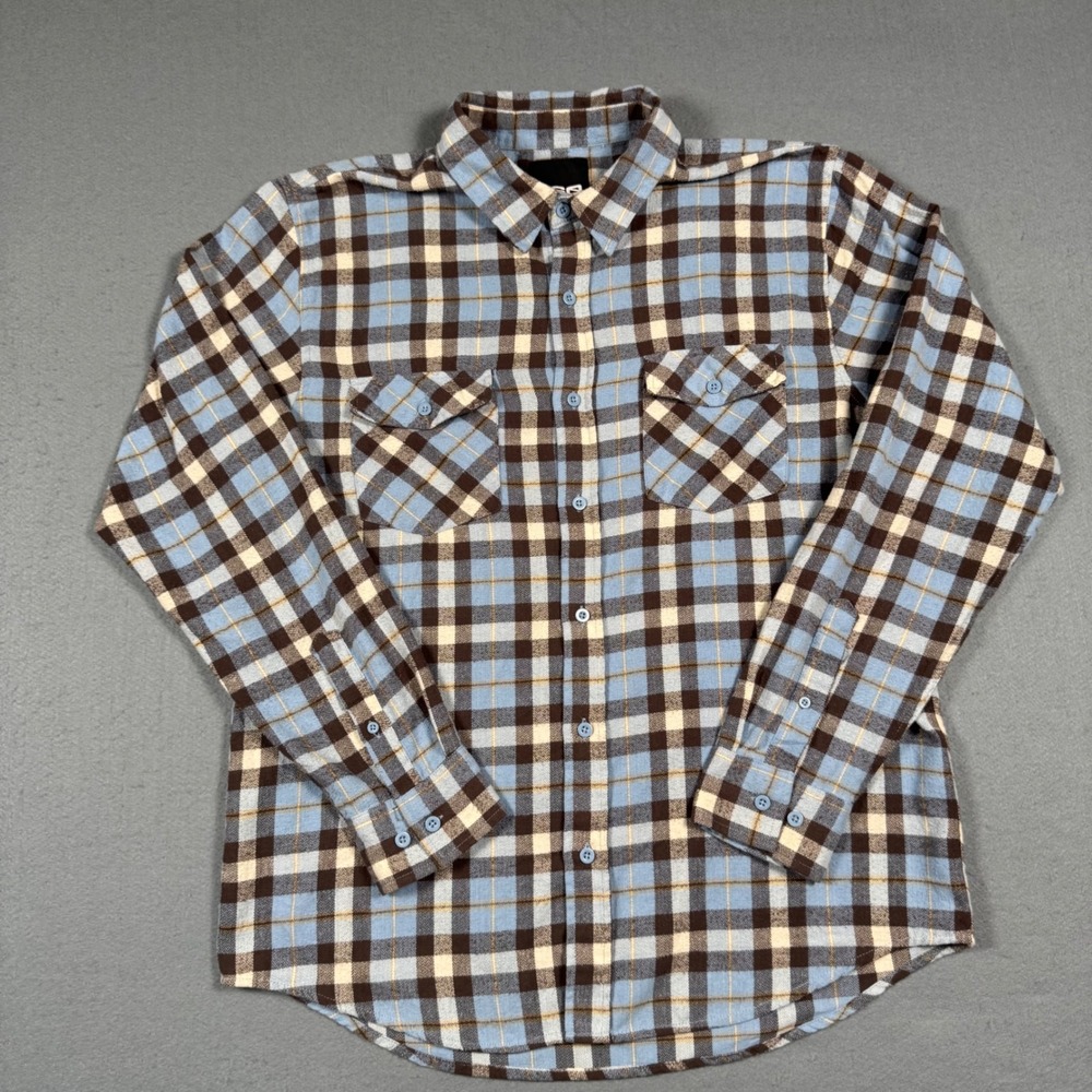 RSQ Plaid Flannel Shirt Mens Large Blue Brown White Long Sleeve Button Up Casual
